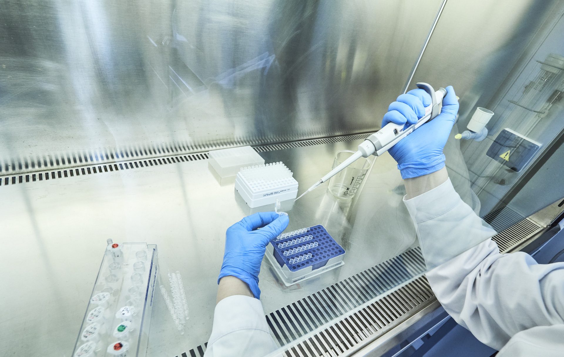 Hände einer Forscherin mit Pipette