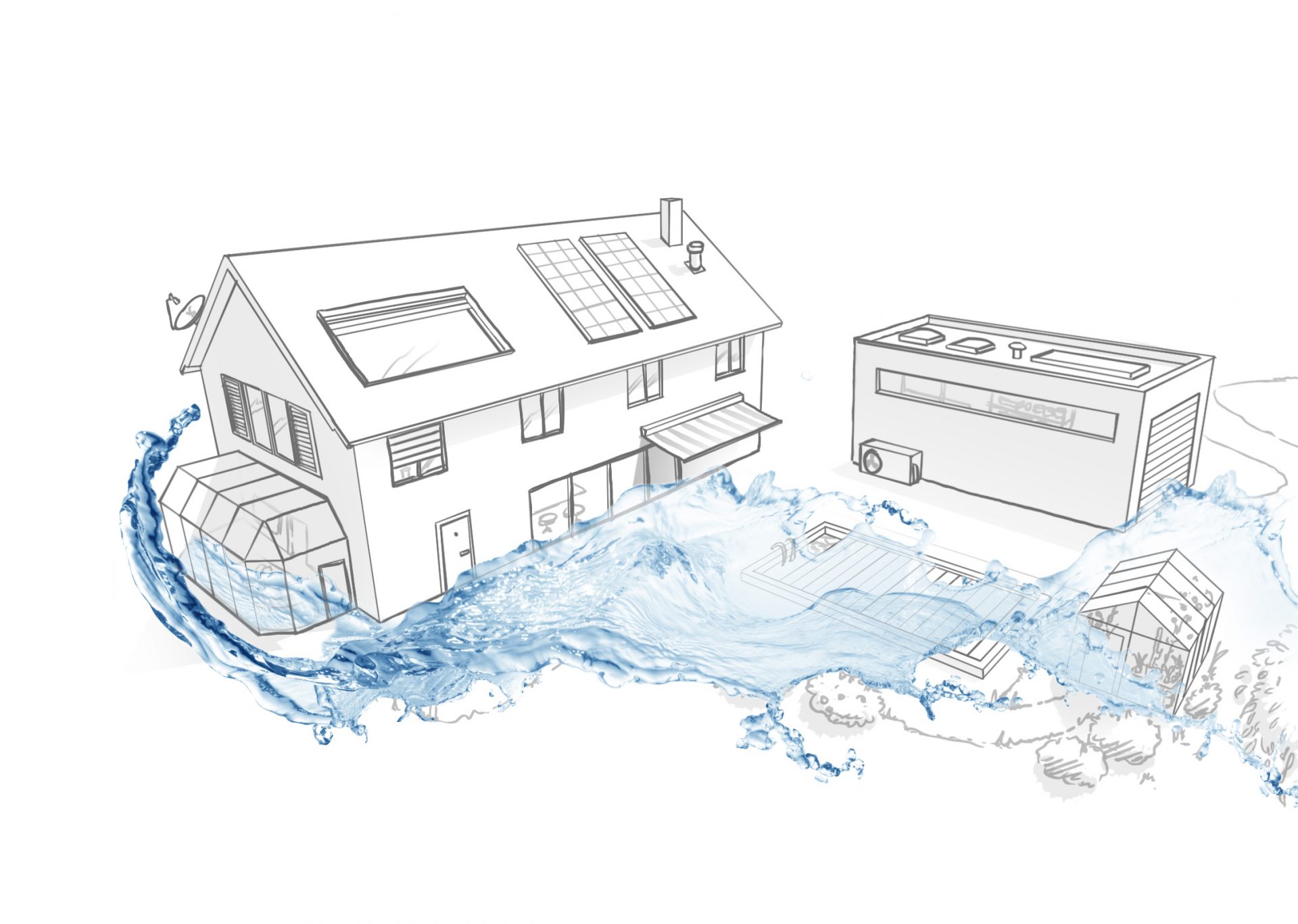 Grafiksimulation einer Überschwemmungssituation rund um eine Einfamilienhaus